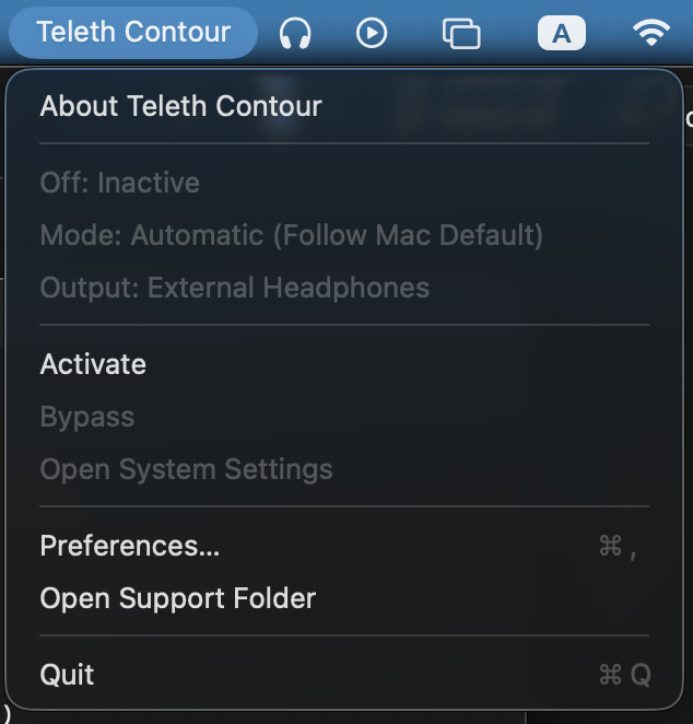 Teleth Contour menu bar item with the dropdown menu open, showing status, output mode, output device, and quick actions.