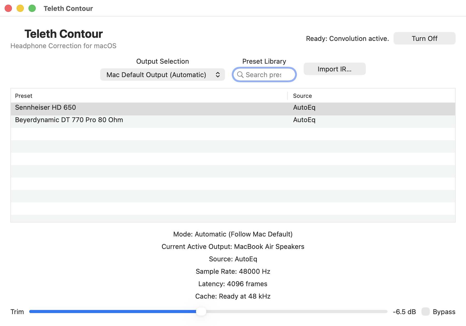 Teleth Contour preferences window with output selection, preset library, running status, and trim control.